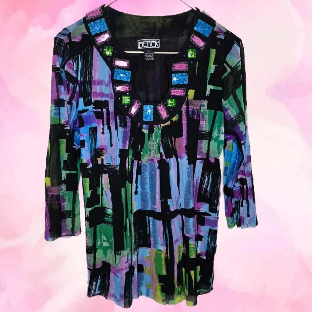 Berek Vintage 80s Abstract Beaded Nylon Blouse